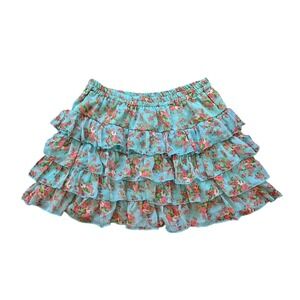 Royal Love Turquoise Floral Tiered Ruffle Mini Skirt Elastic Waist Womens Med